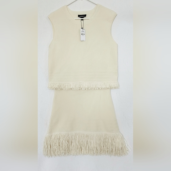 Express Elegant Luxe Ribbed Fringe Set Top+Skirt Stretch Cream Medium New - Picture 2 of 16